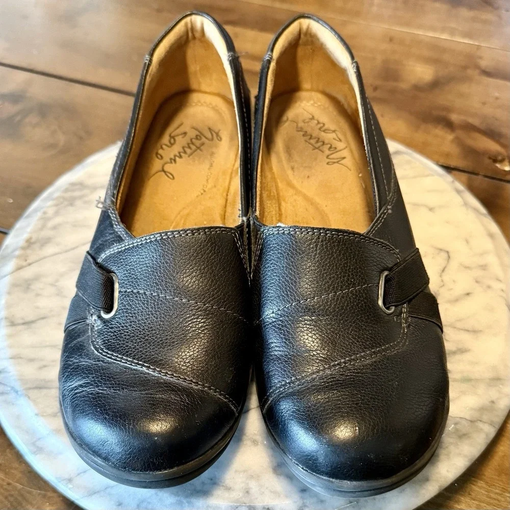 Natural Soul Ilena Slip-On Loafers Black Pebble Leather Comfort Shoes Sz 8 EU 38